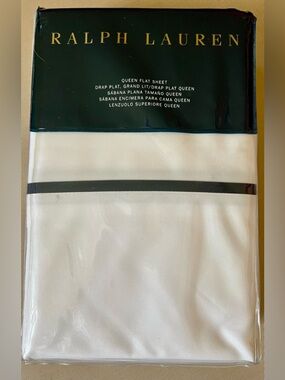 NWT Ralph Lauren Home Palmer Percale Queen Flat Sheet White with Navy Trim